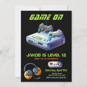 Modern Video Game Green Kids Birthday Party  Invitation