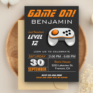 Modern Video Game Orange Kids Birthday Party Invitation