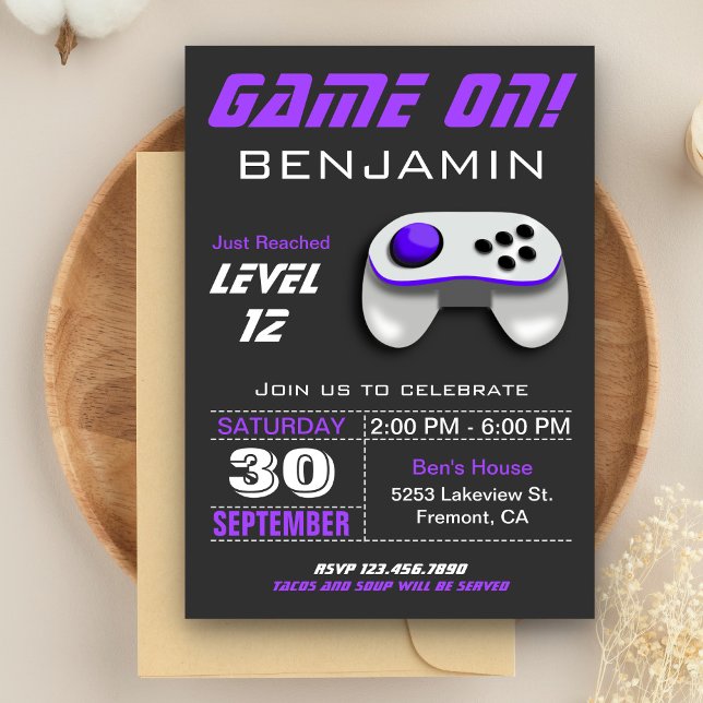Modern Video Game Purple Kids Birthday Party Invitation (Creator Uploaded)