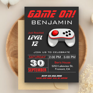 Modern Video Game Red Kids Birthday Party Invite