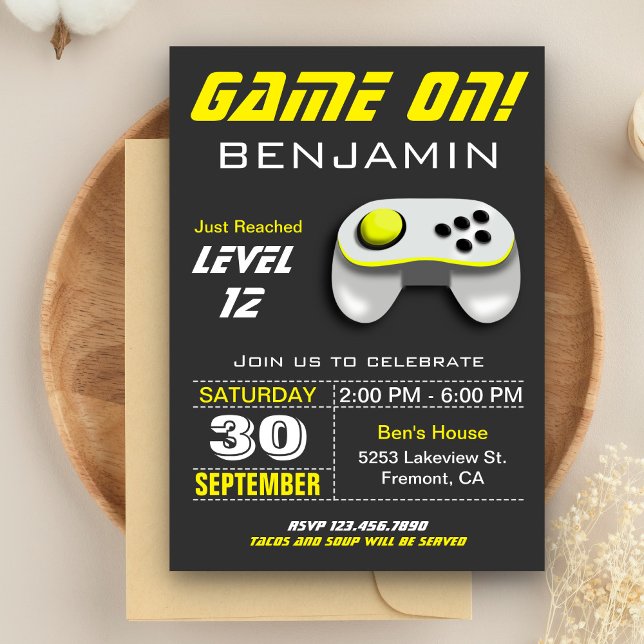 Modern Video Game Yellow Kids Birthday Party Invitation (Creator Uploaded)