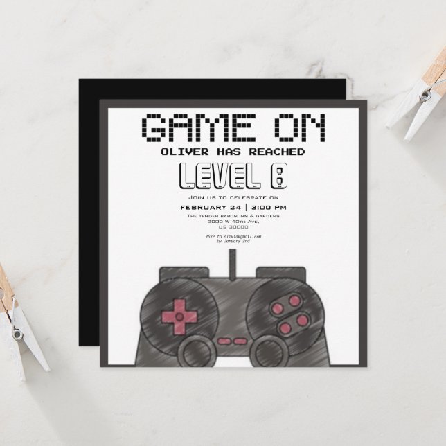 Modern video games birthday  invitation (Front/Back In Situ)