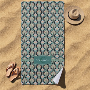 Modern Vintage Abstract Botanical Monogram Pattern Beach Towel