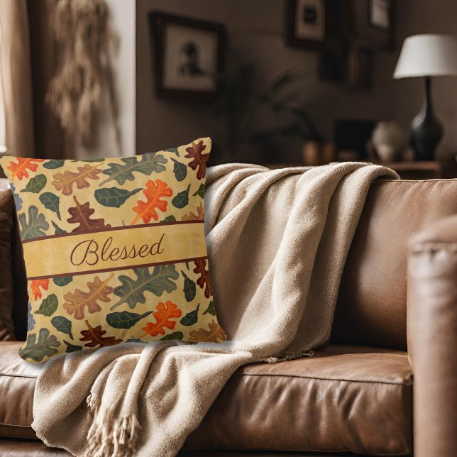 Modern Vintage Autumn Oak Tree Leaves Blessed Cushion (Creator Uploaded)