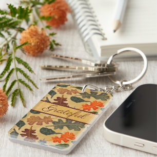 Modern Vintage Autumn Oak Tree Leaves Grateful Key Ring