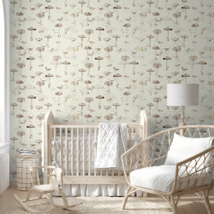 Modern Vintage Beige White Mushrooms Wallpaper