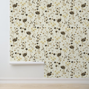 Modern Vintage Beige Wildflowers Ivory White Wallpaper