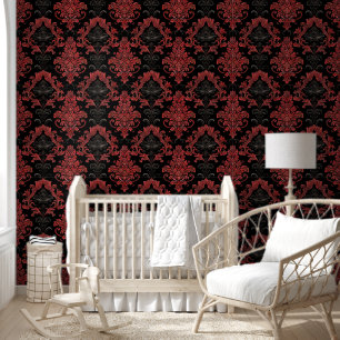 Modern Vintage Black and Red Damask Gothic Wallpaper