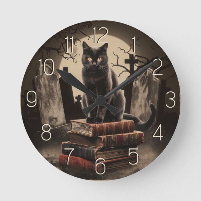  Modern Vintage black Cat Halloween  Round Clock (Front)