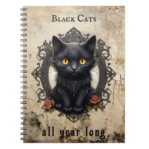 Modern Vintage Black Cat Old Paper Custom Quote Notebook
