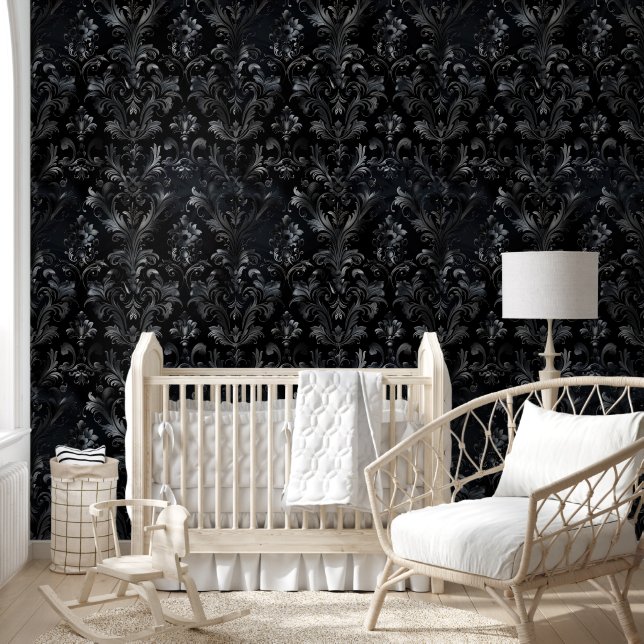 Modern Vintage Black Damask Gothic Wallpaper (Kids)