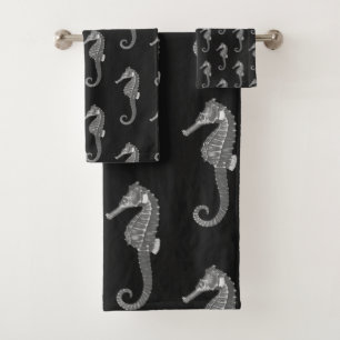 Modern Vintage Black Grey Seahorse Bath Towel Set
