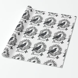 modern vintage black halloween crow wrapping paper