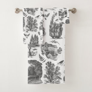 Modern Vintage Black White Country Toile Bath Towel Set