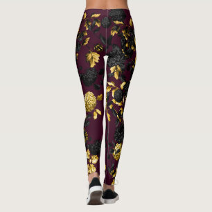 Modern Vintage Black White Gold Maroon Floral Toil Leggings