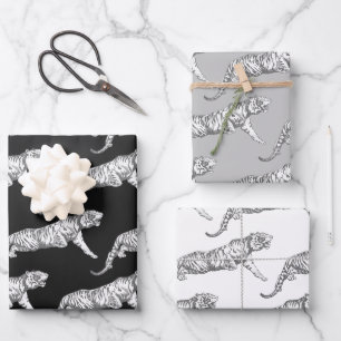 Modern Vintage Black White Grey Tiger Black Wrapping Paper Sheet