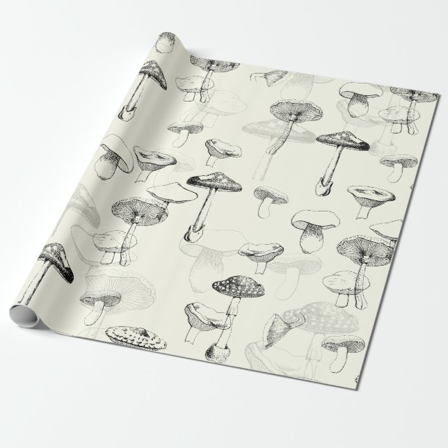 Modern Vintage Black White Mushrooms Wrapping Paper (Unrolled)