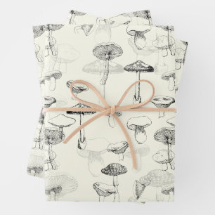 Modern Vintage Black White Mushrooms Wrapping Paper Sheet