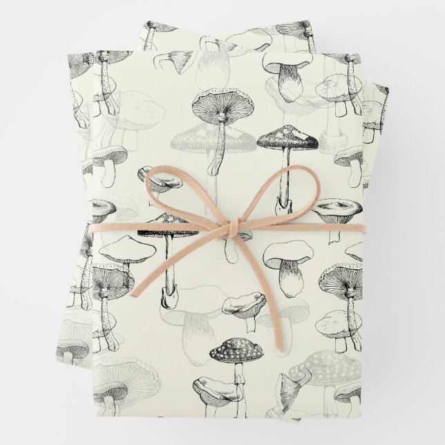Modern Vintage Black White Mushrooms Wrapping Paper Sheet (In situ)