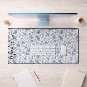 Modern Vintage Blue & White Wildflower Custom Name Desk Mat