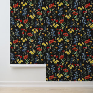 Modern Vintage Boho Wildflowers Black Wallpaper