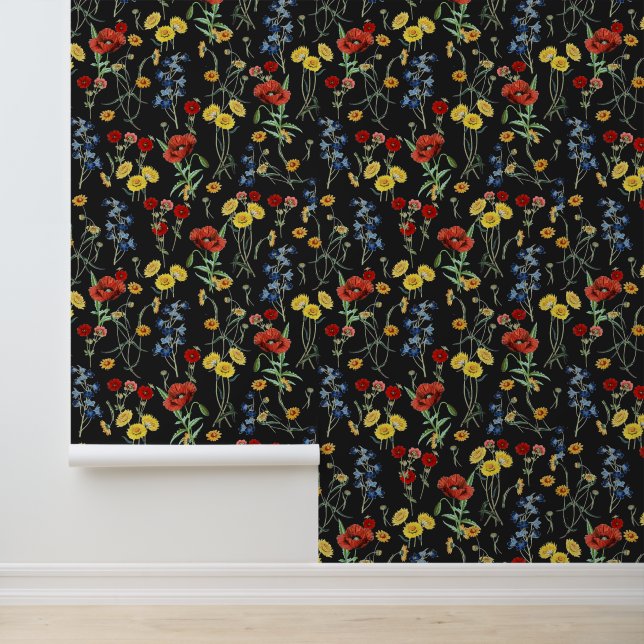 Modern Vintage Boho Wildflowers Black Wallpaper (Application)