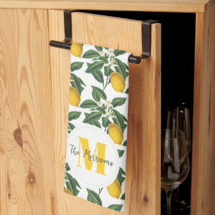 Modern Vintage Botanical Lemons Family Name Tea Towel
