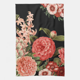 modern vintage botanical pink flowers tea towel