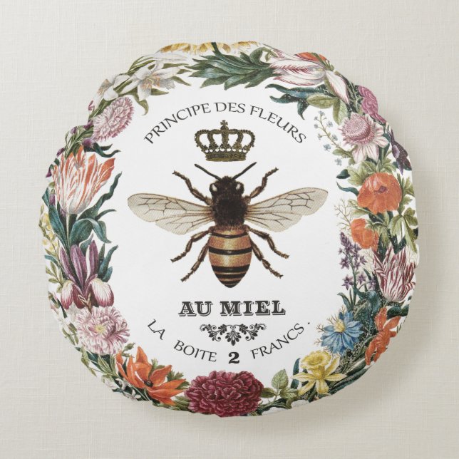 MODERN VINTAGE BOTANICAL QUEEN BEE ROUND CUSHION (Front)