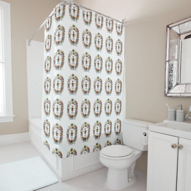 MODERN VINTAGE BOTANICAL QUEEN BEE SHOWER CURTAIN (In Situ)