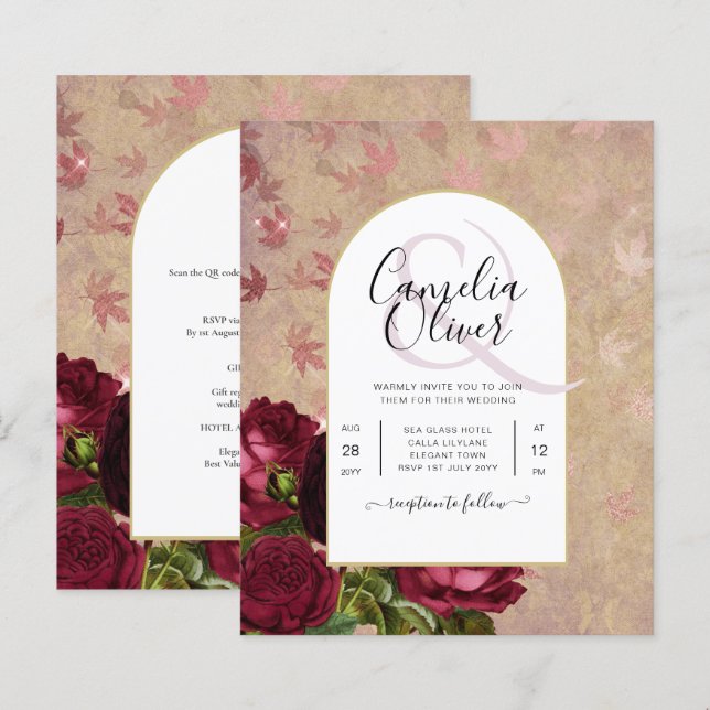 Modern Vintage Botanical Red Roses Wedding Invite (Front/Back)
