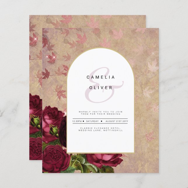Modern Vintage Botanical Red Roses Wedding Invite (Front/Back)