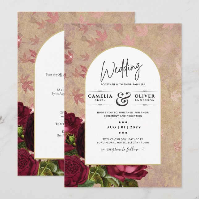 Modern Vintage Botanical Red Roses Wedding Invite (Front/Back)
