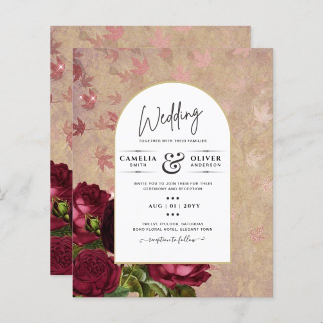 Modern Vintage Botanical Red Roses Wedding Invite (Front/Back)