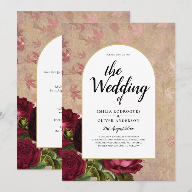 Modern Vintage Botanical Red Roses Wedding Invite (Front/Back)