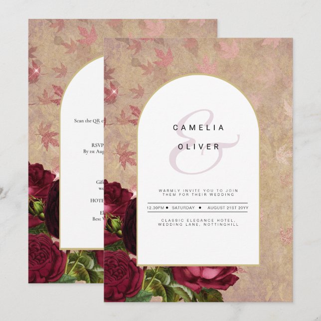 Modern Vintage Botanical Red Roses Wedding Invite (Front/Back)