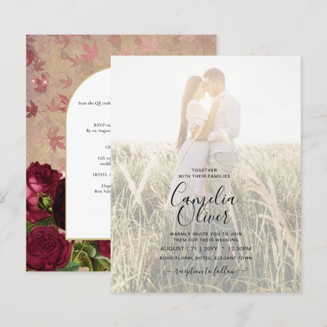 Modern Vintage Botanical Red Roses Wedding Invite (Front/Back)