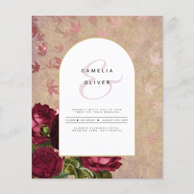 Modern Vintage Botanical Red Roses Wedding Invite Flyer (Front)