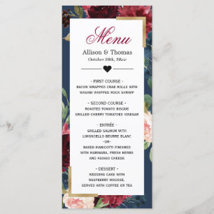 Modern Vintage Burgundy Blue Floral Wedding Menu
