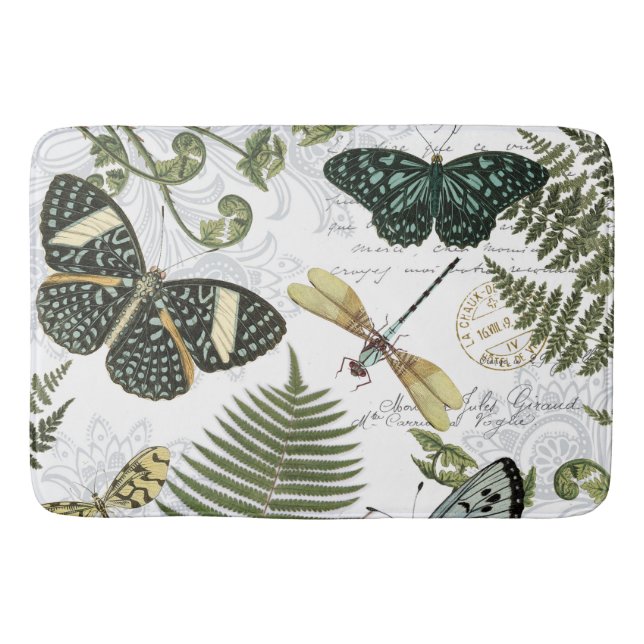modern vintage butterflies and dragonflies bath mat (Front)