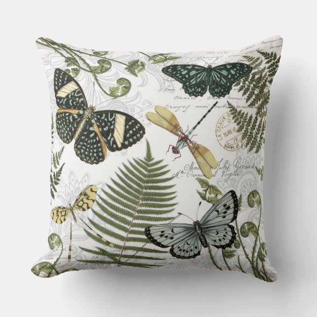 modern vintage butterflies and dragonflies cushion (Front)