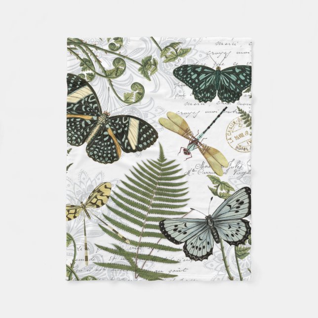 modern vintage butterflies and dragonflies fleece blanket (Front)