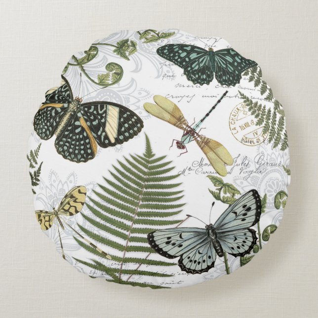 modern vintage butterflies and dragonflies round cushion (Front)