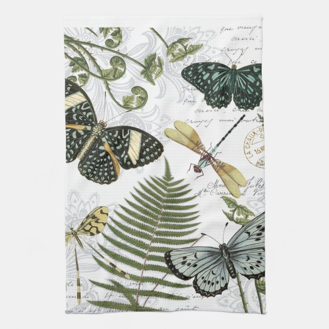 modern vintage butterflies and dragonflies tea towel (Vertical)