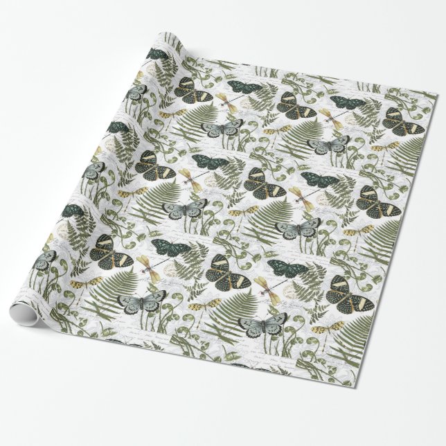modern vintage butterflies and dragonflies wrapping paper (Unrolled)