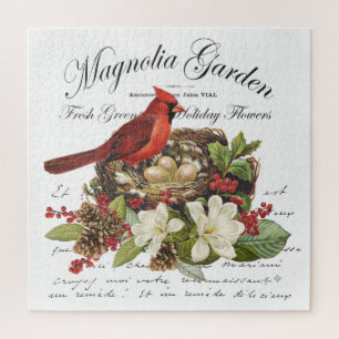 Modern Vintage Christmas Cardinal Jigsaw Puzzle