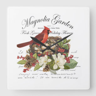 Modern Vintage Christmas Cardinal Square Wall Clock