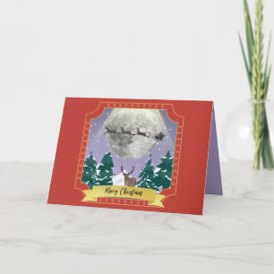 Modern Vintage Christmas Night with Santa Reindeer Holiday Card