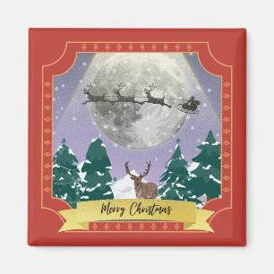 Modern Vintage Christmas Night with Santa Reindeer Magnet
