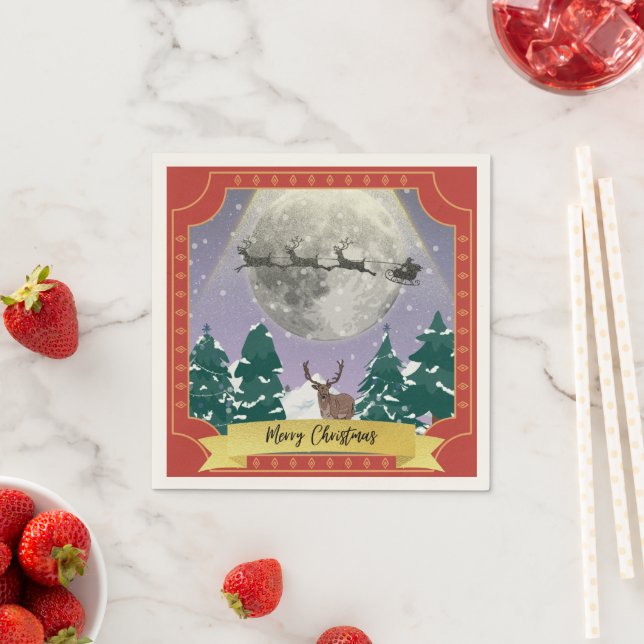 Modern Vintage Christmas Night with Santa Reindeer Napkin (Insitu)